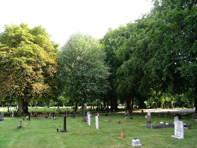Leicester (Gilroes) Cemetery with Pte Blockley's Headstone (the right hand headstone of the centre two).